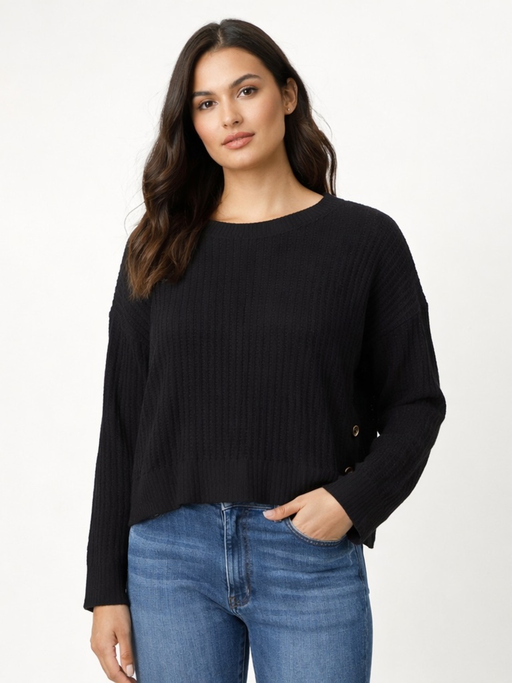 LILLA P Black Ribbed Snap Sleeve Sweater Cotton Modal Size L